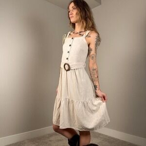 Monteau LA Cream‎ Linen Blend Midi Dress | Boho Coquette Minimalist Belted